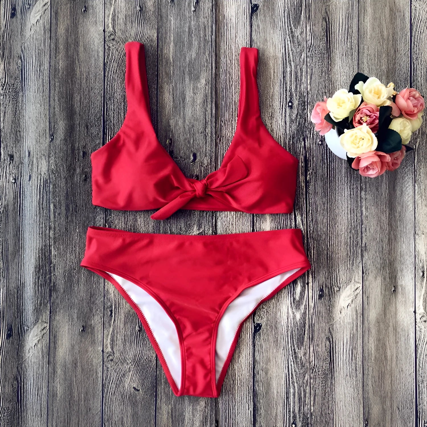 Pure colour bikini swimsuit set in black, pink, red, white, or wine red with traditional two-piece design