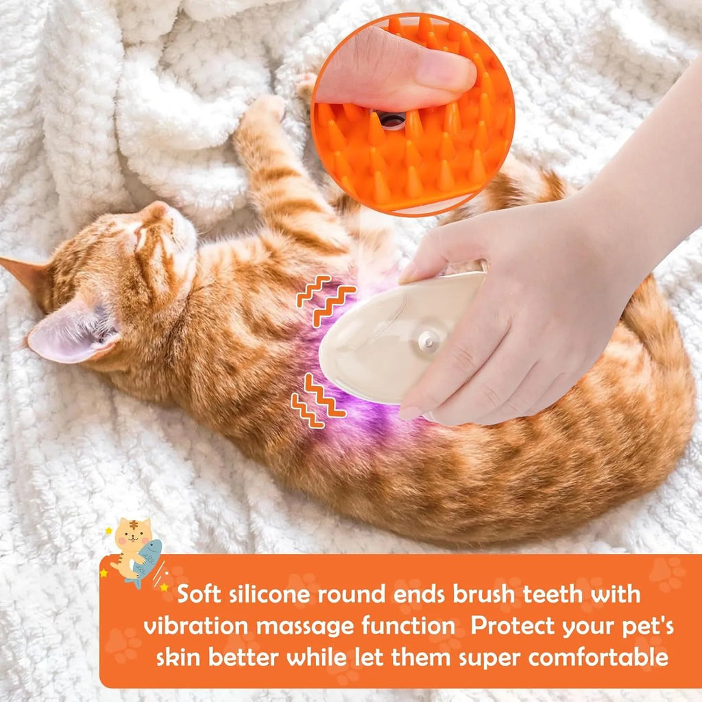 Yellow 4-in-1 cat steam brush with silicone teeth and ringworm detector for pet grooming