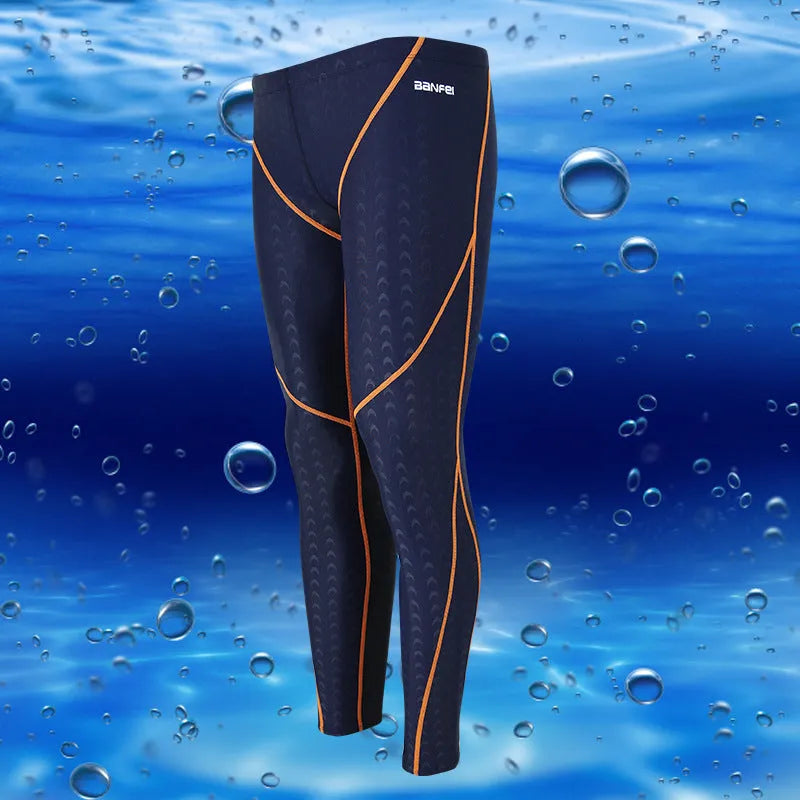 Men's nylon cropped swimming trunks in black with coloured lines suitable for swimming and cycling