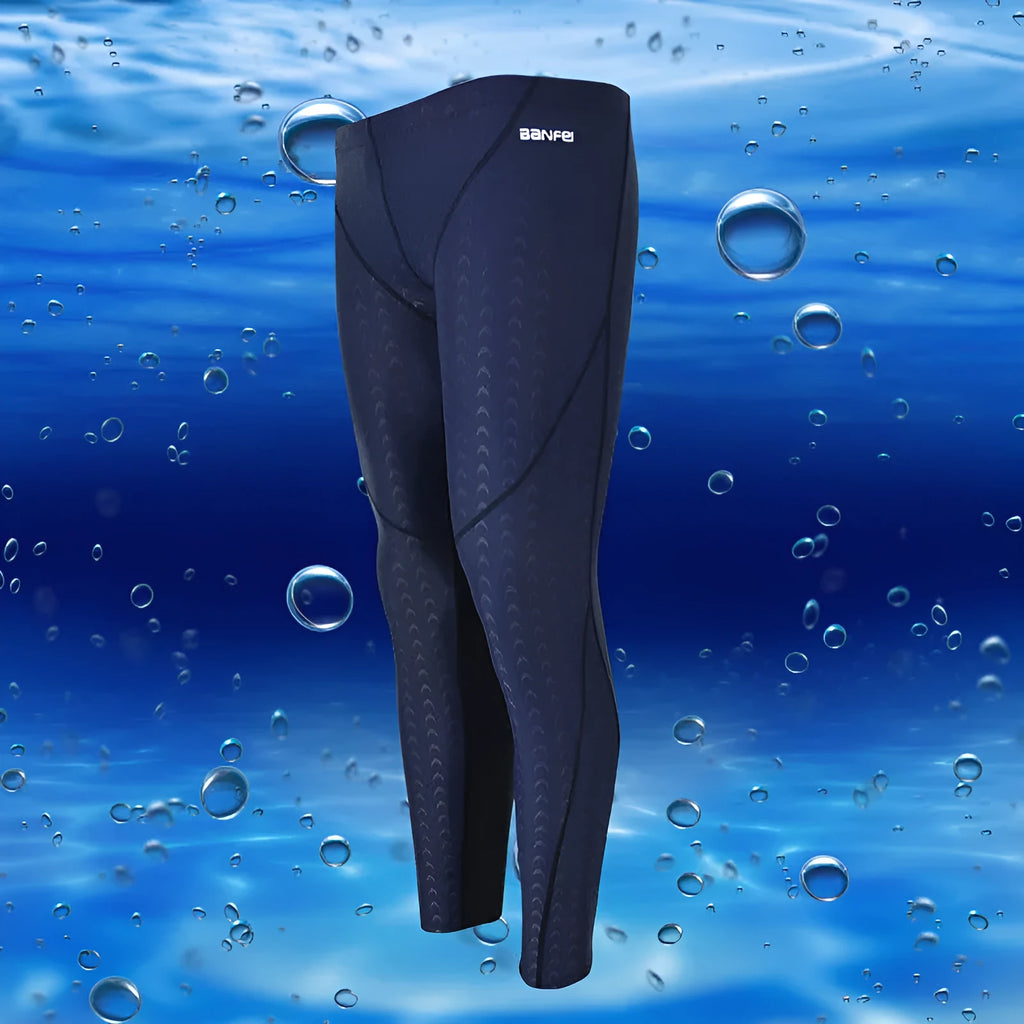 Men's nylon cropped swimming trunks in black with coloured lines suitable for swimming and cycling