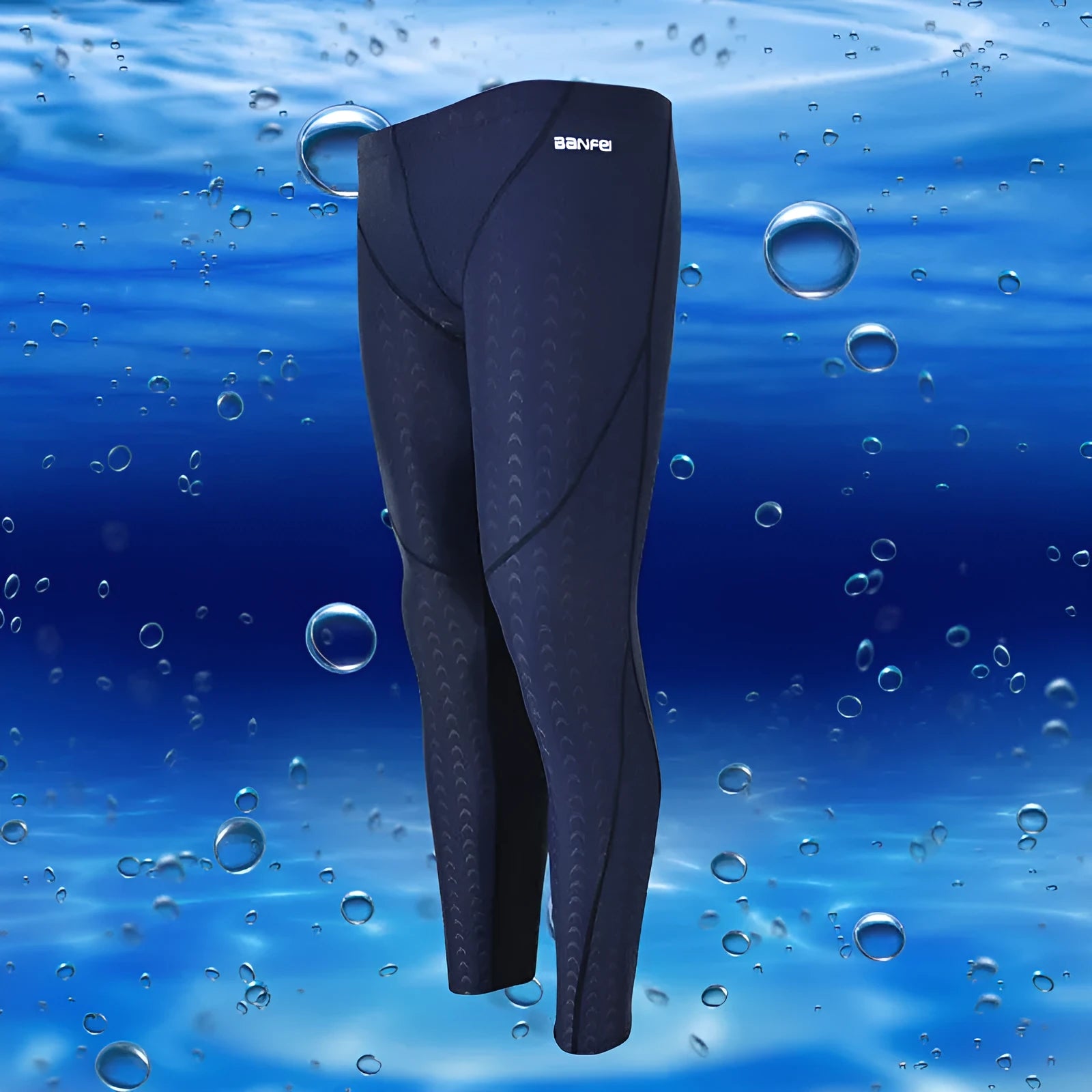 Men's nylon cropped swimming trunks in black with coloured lines suitable for swimming and cycling
