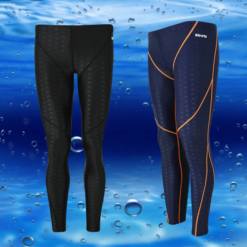 Men's nylon cropped swimming trunks in black with coloured lines suitable for swimming and cycling
