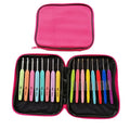 Complete set of 16 crochet hooks with soft and hard handles in a grey PU zippered bag.