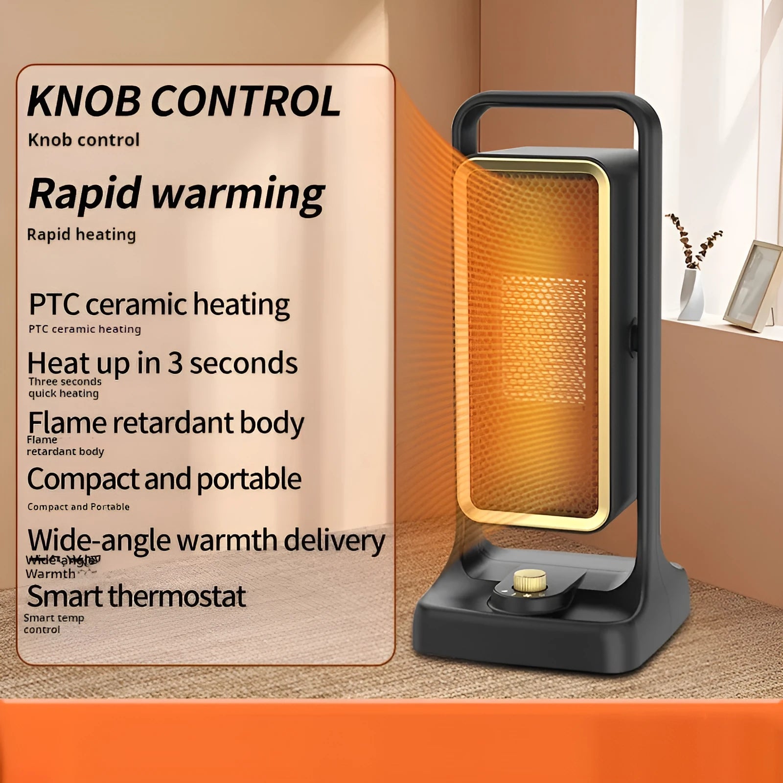 Black PTC ceramic desktop air heater with knob control showing EU UK US plug options