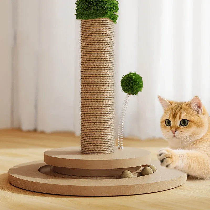 Vertical cat climbing frame with hemp rope scratching posts in natural beige canna colour