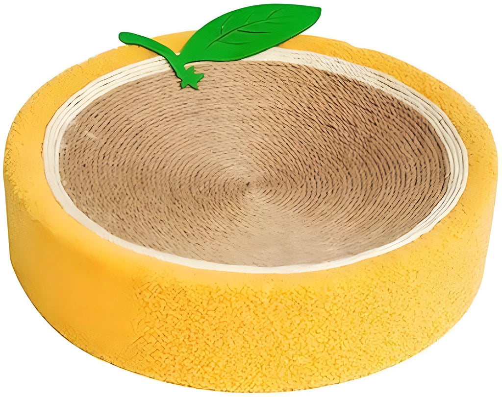 Yellow round cat scratching board with sisal surface and concave cat bed centre