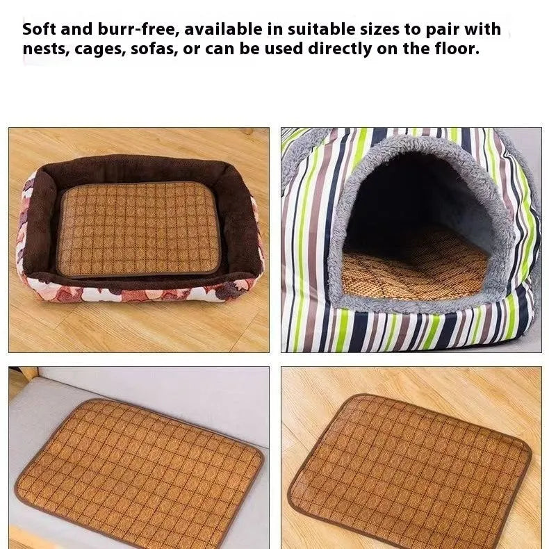 Brown rattan fibre dog cooling mat for summer, shown in a large size.