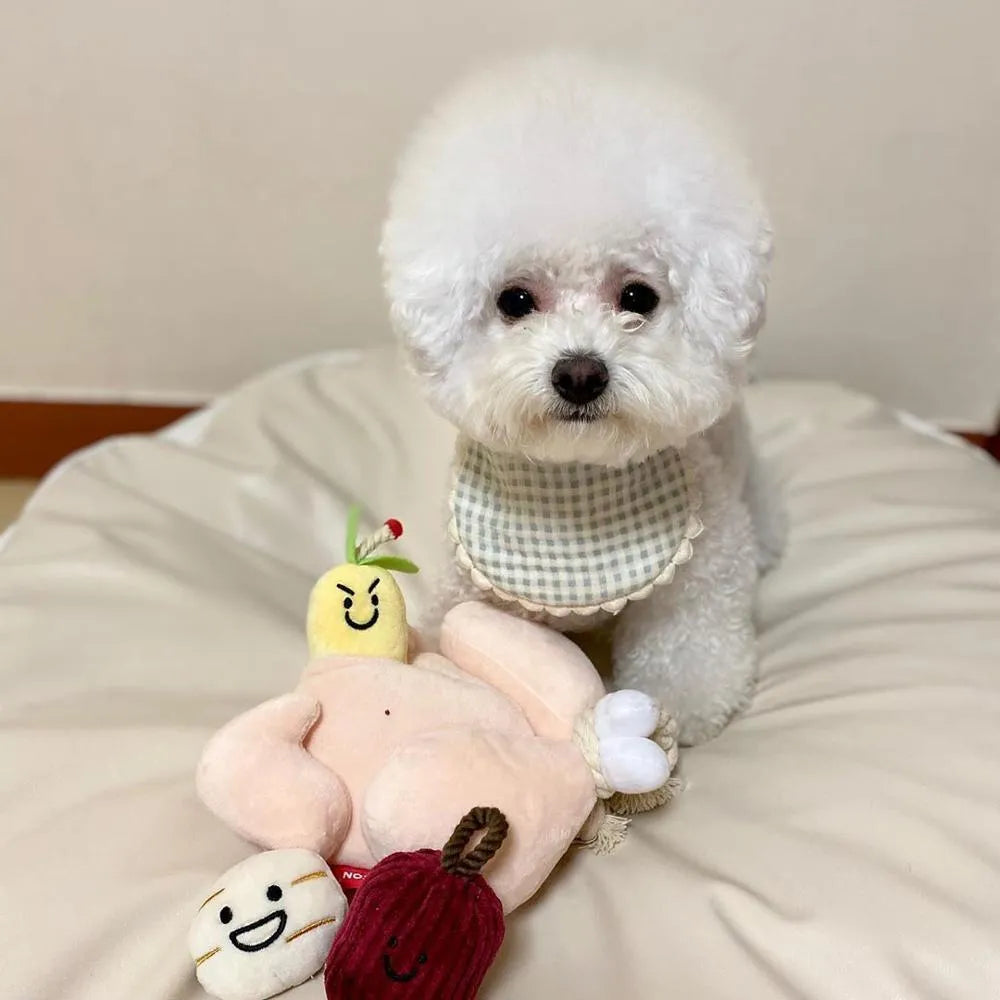 Cartoon cute pet dog cat squeaking plush sound toys chew throw set with chicken and molar rope