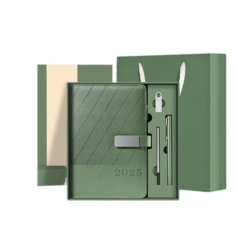 A4 business notepad with striped PU leather cover showing bean green colour option open to reveal lined pages