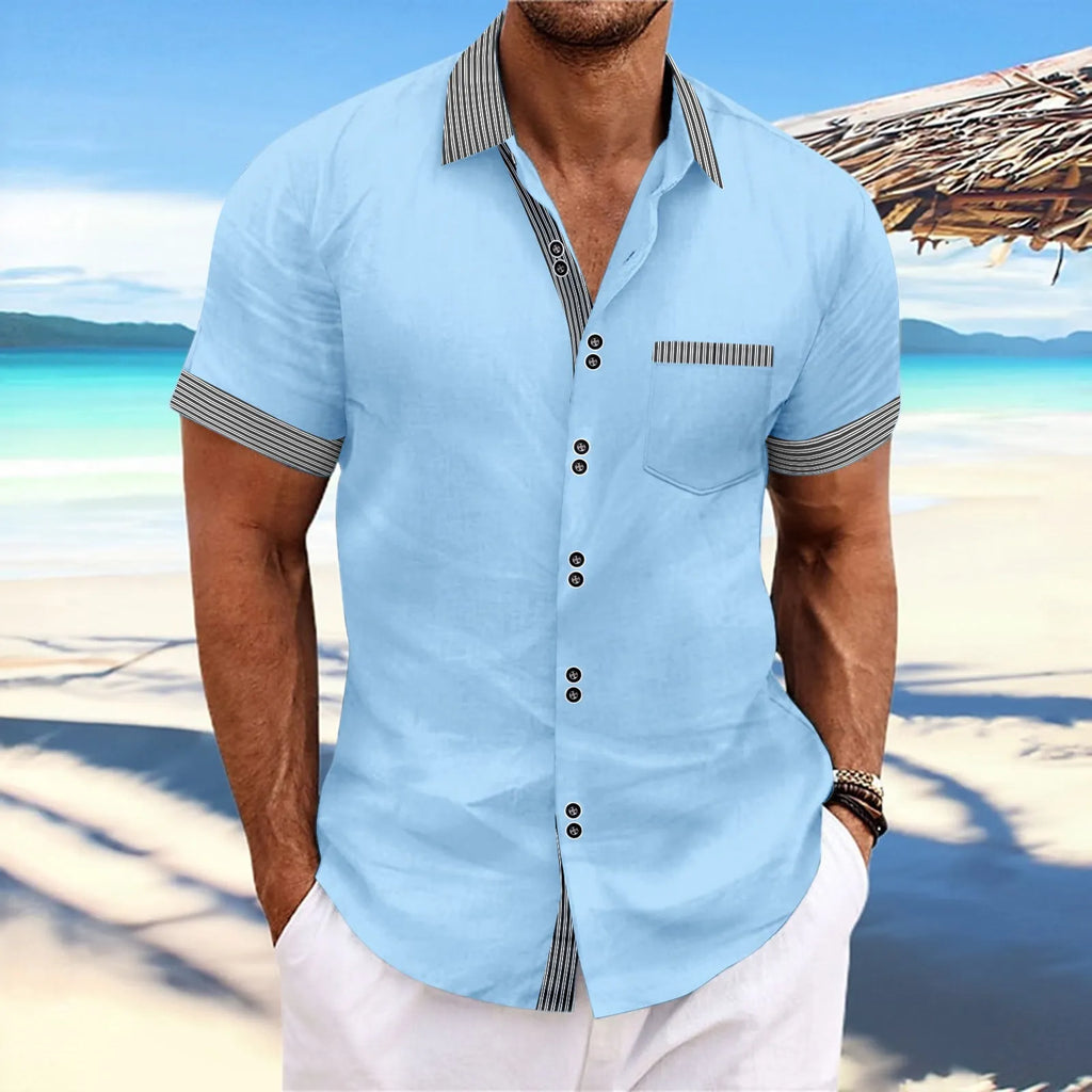 Striped pure cotton casual shirt with short sleeves and double button front in slim fit