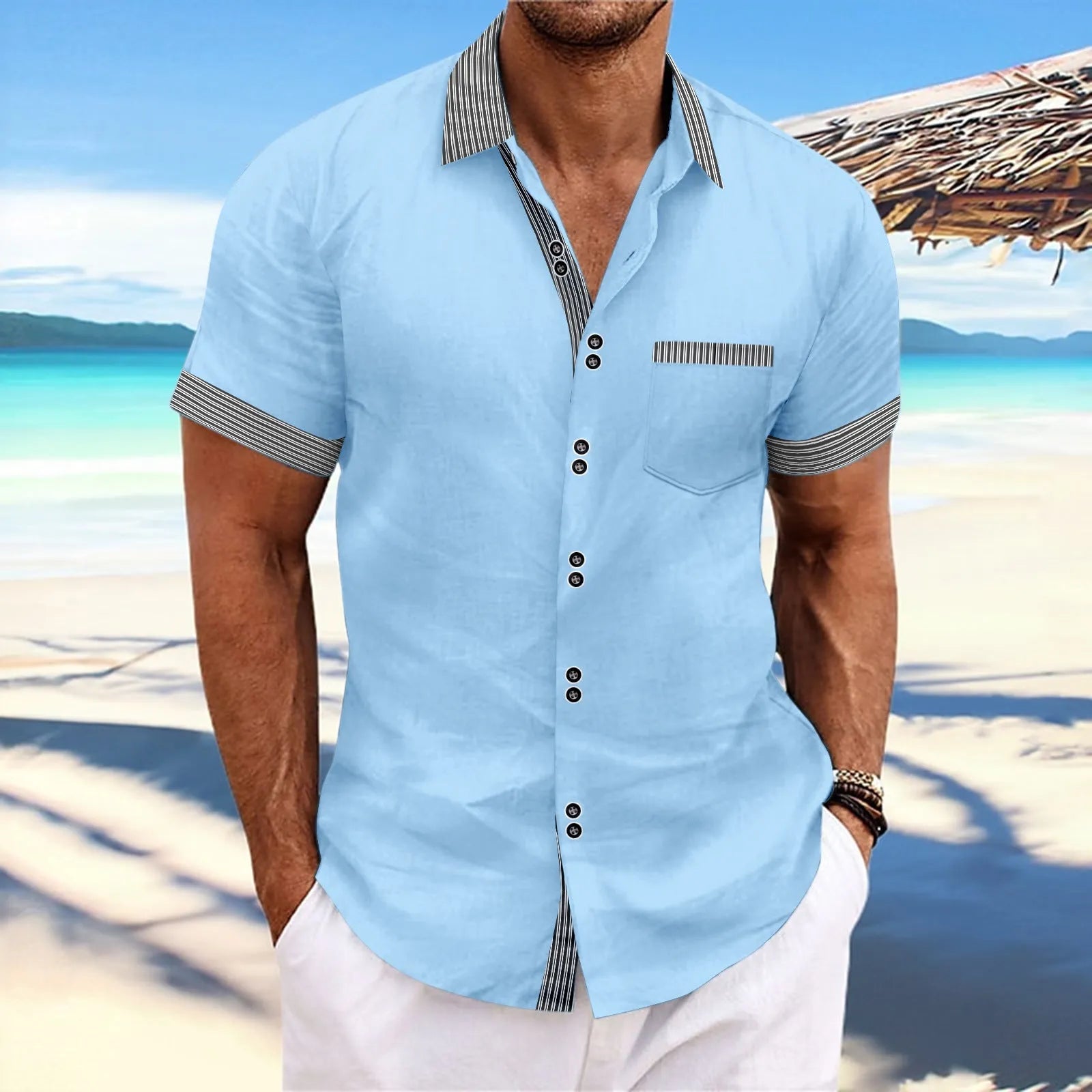 Striped pure cotton casual shirt with short sleeves and double button front in slim fit