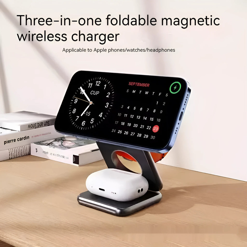 Black foldable magnetic wireless charging phone holder showing its compact size.