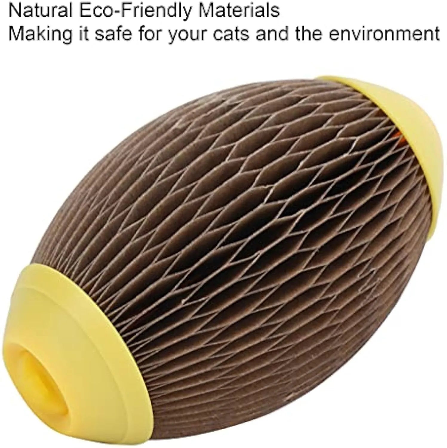 Elliptical corrugated paper catnip scratch ball toy on a plain surface.