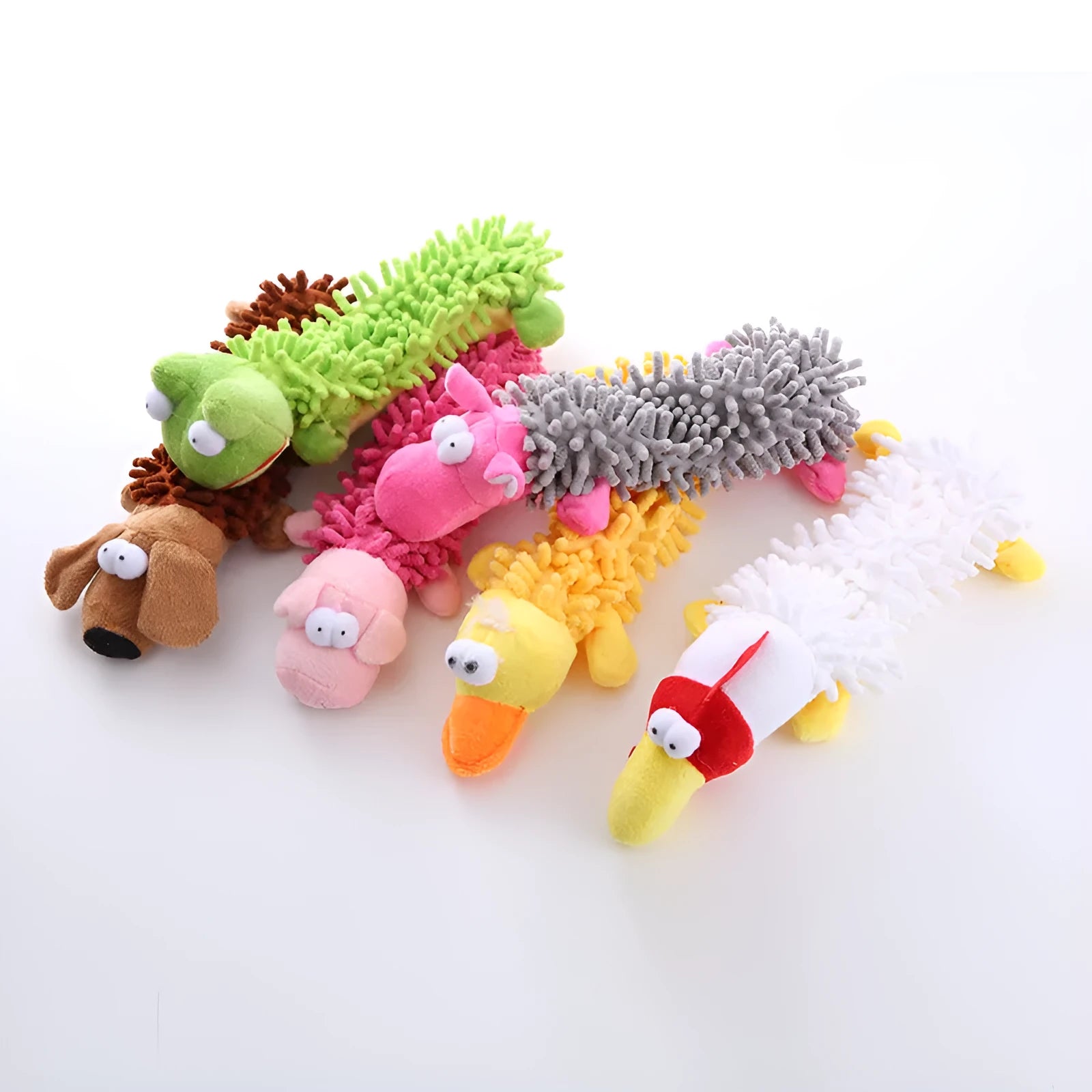 Plush microfibre dog toy with horse molar texture in various animal designs including brown dog and yellow duck