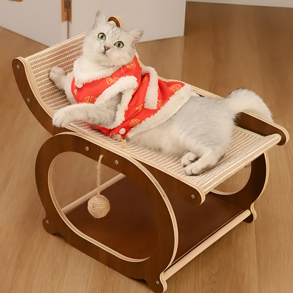 Solid wood cat scratching mat in walnut colour with scratch resistant surface