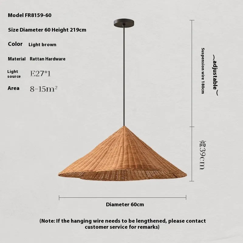 Rattan woven ceiling lamp with natural texture in Silent Wind style, diameter options from 50cm to 80cm