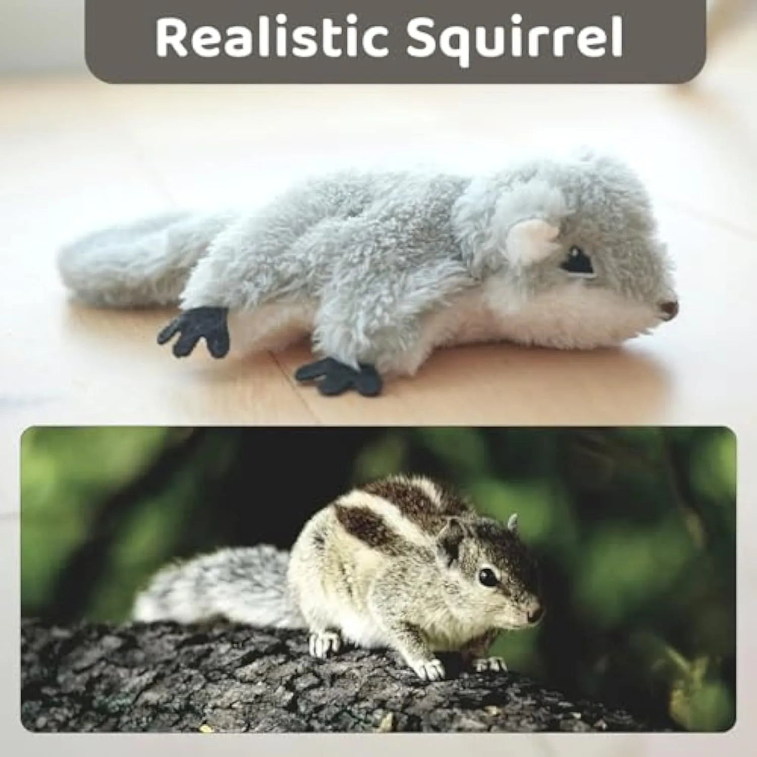 Grey plush squirrel cat toy with flapping wings showing touch-activated motion mechanism