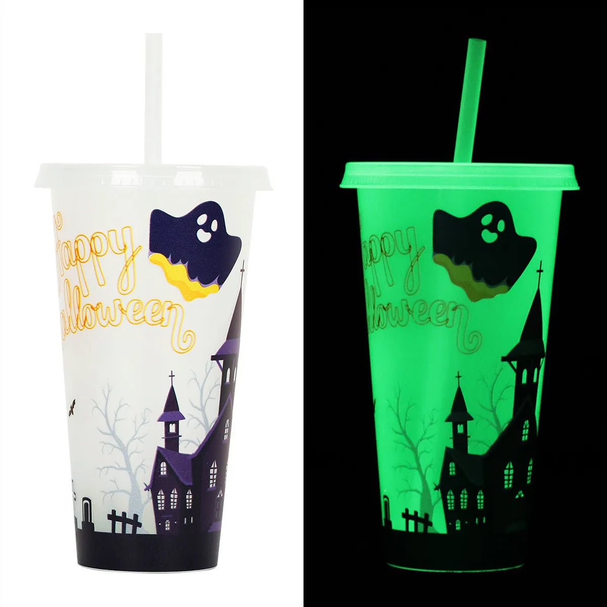 A tall 720ml plastic Halloween-themed cup with a luminous straw, shown in one of six available colours.