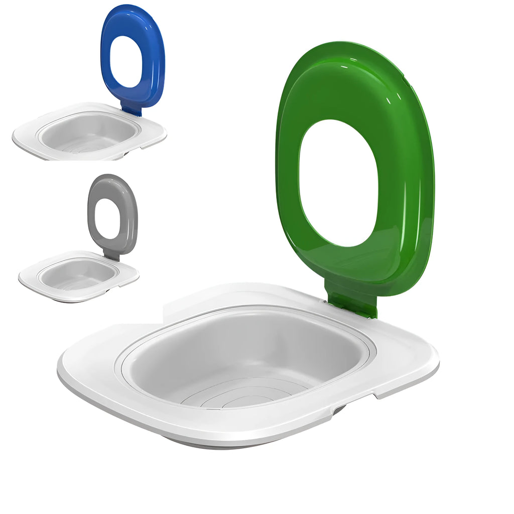 Fifth generation cat toilet trainer with integrated mat in grey, green, and blue colour options