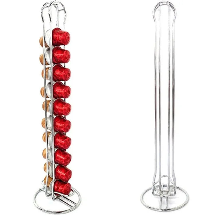 Iron coffee capsule storage rack holding pods on tiered shelves with compact dimensions