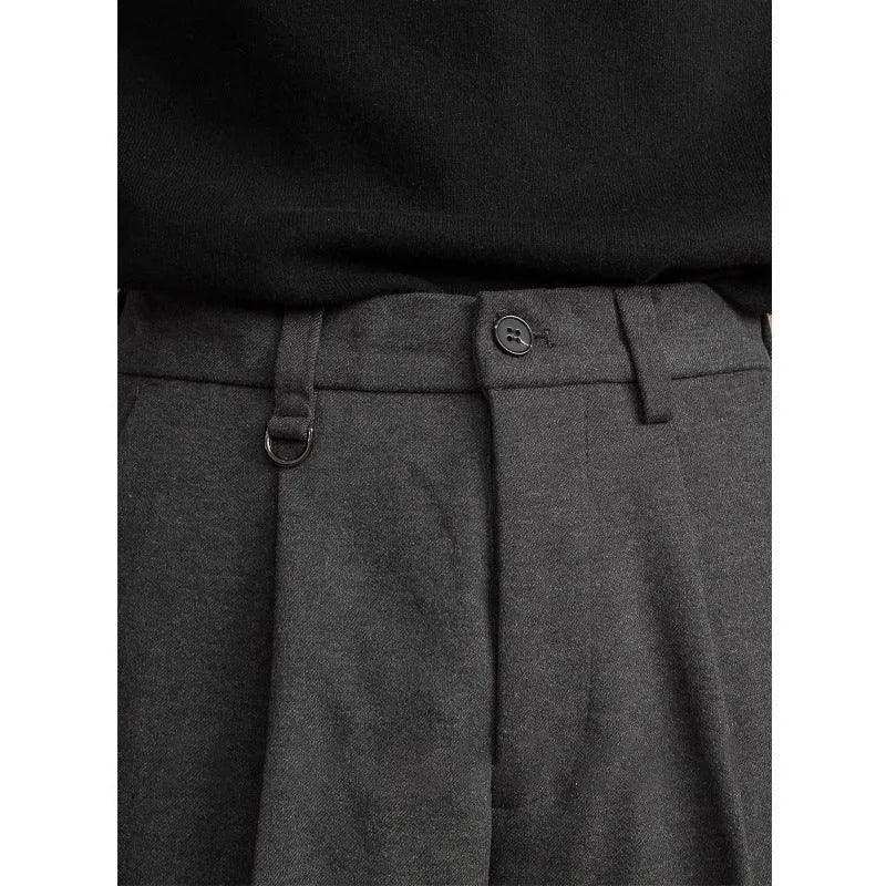 Men's straight-leg polyester pants in black with draped business casual design