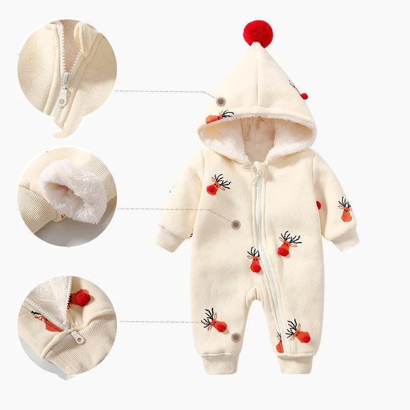 Khaki padded baby crawling clothes with Christmas moose print, cotton material, size 59 to 90 cm
