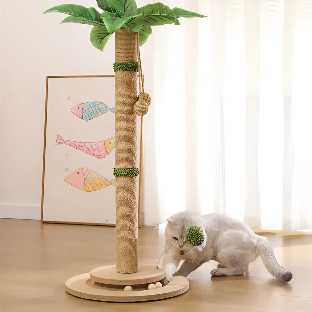 Vertical cat climbing frame with hemp rope scratching posts in natural beige canna colour