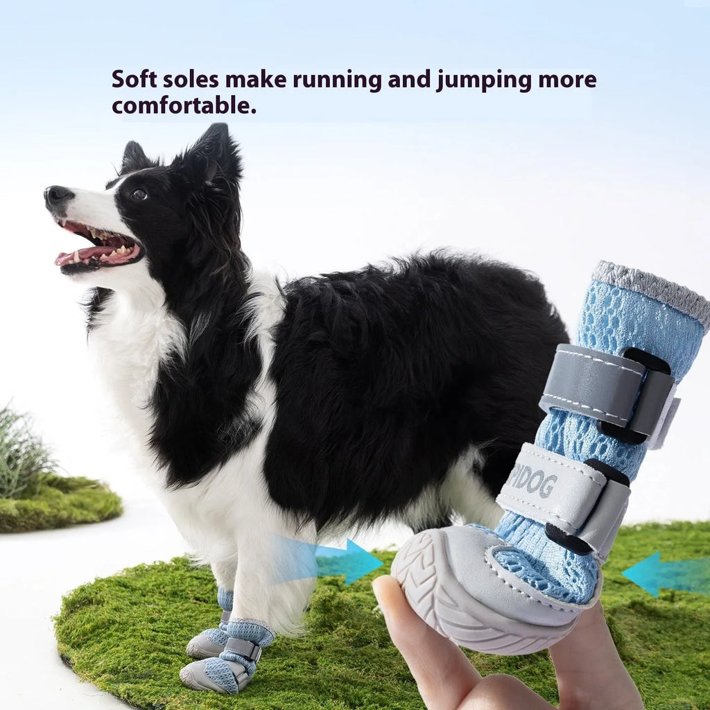 Pair of blue and green cartoon style dog shoes made from PU material on a white background.
