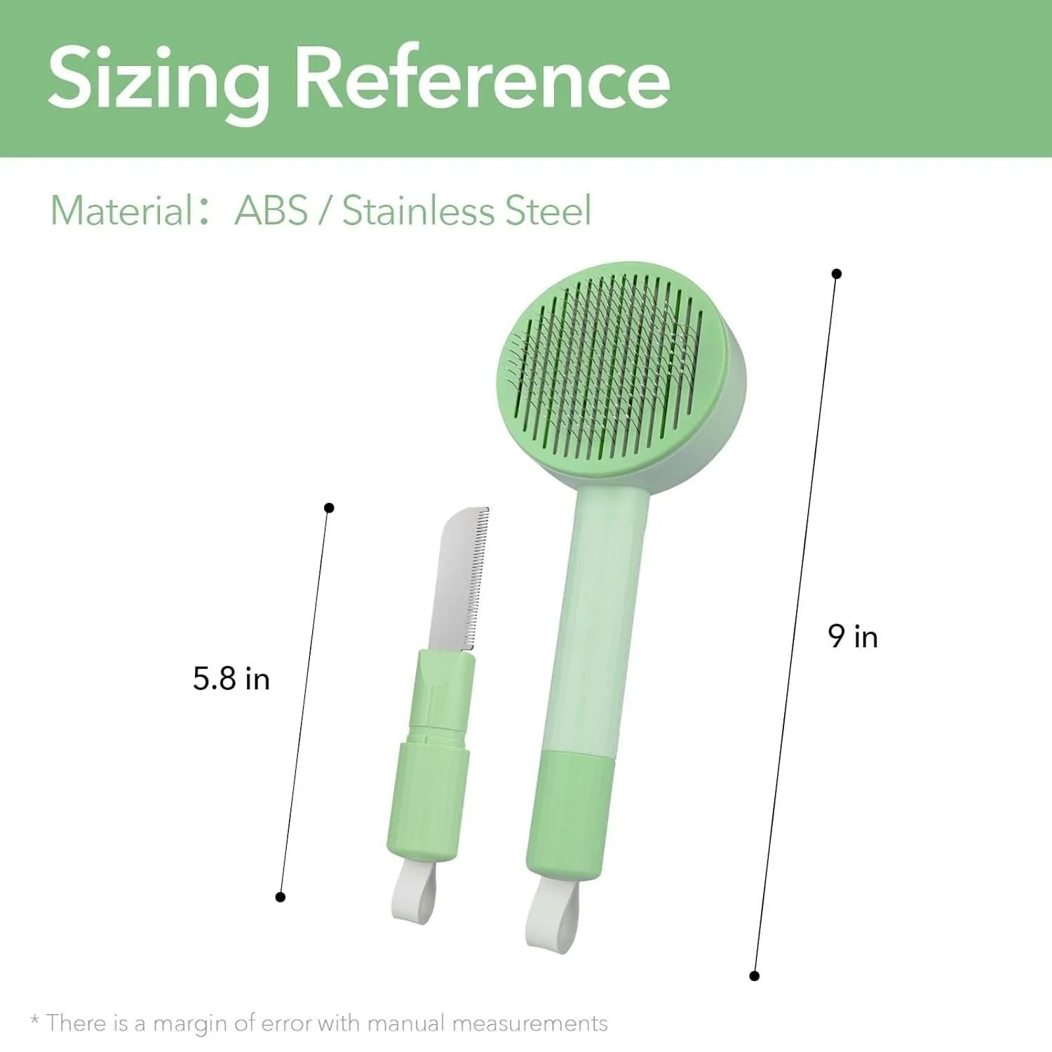 Green pet grooming brush with stainless steel bristles and hanging loop