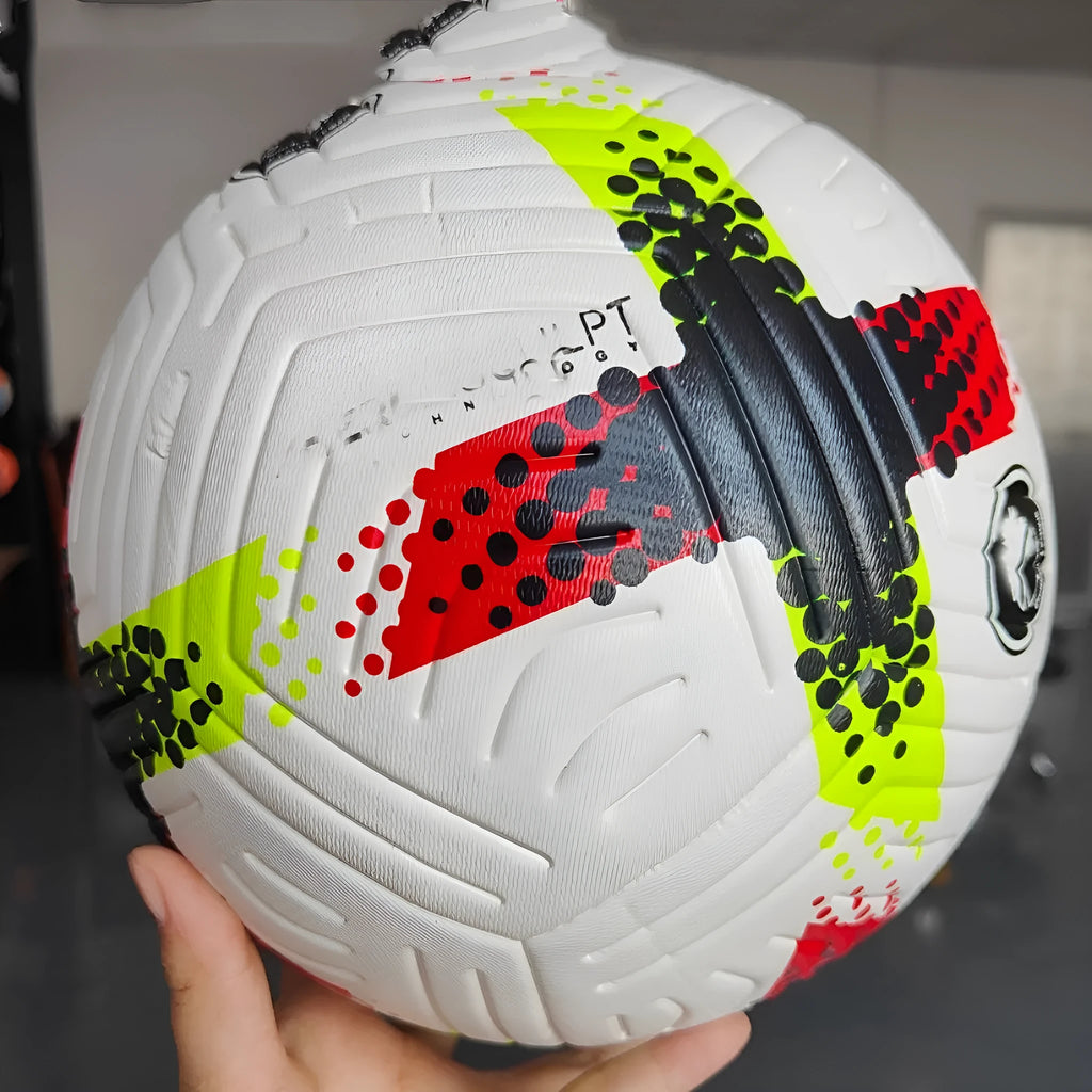 Fluorescent green PU football Size 5 with seamless thermal adhesive patch construction