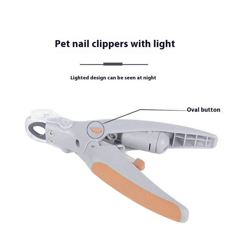 White battery-powered dog nail trimmer with built-in light and blood line guide on a blister card.