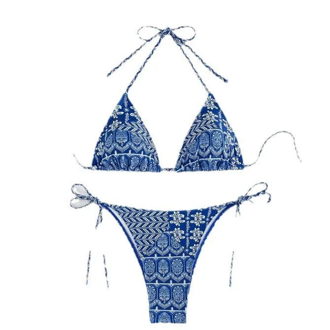 Women's polyester split bikini swimsuit with bandage-style stitching in multiple colour options
