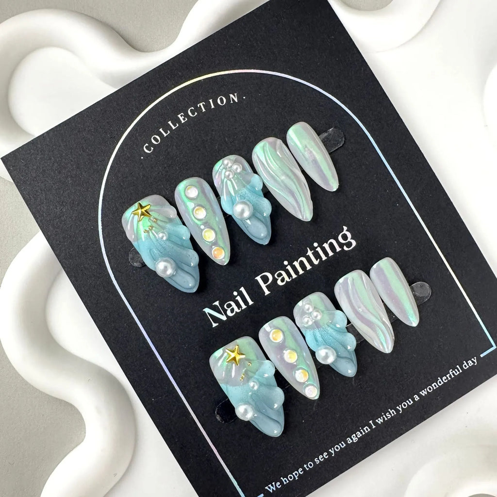 HAILANG blue plastic artificial nail tips set showing sizes XS, S, M, L for French manicure.