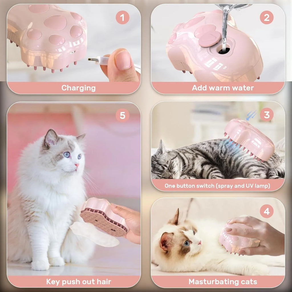 Self-cleaning cat steam brush with blue silicone bristles and release button for pet grooming