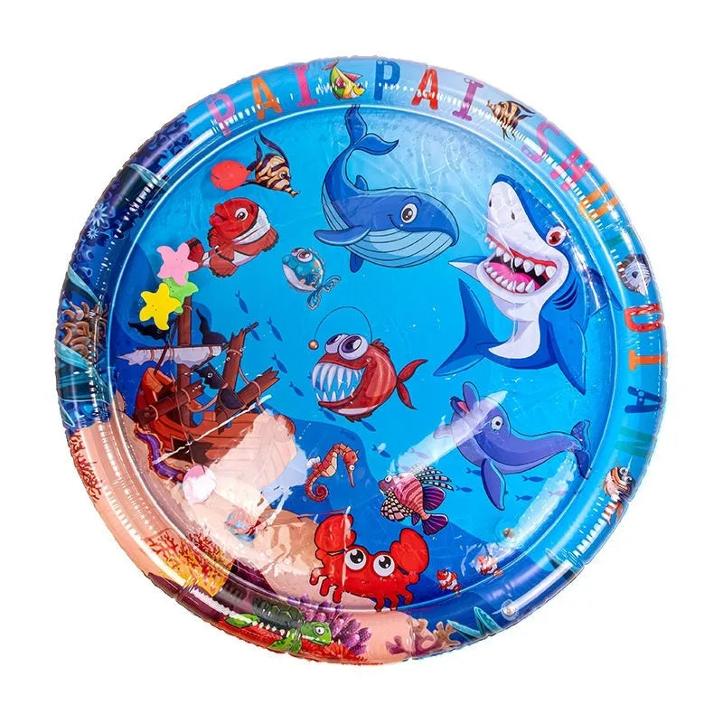 Inflatable PVC pet cooling water bed in aquatic designs, shown in 100cm and 65cm sizes.