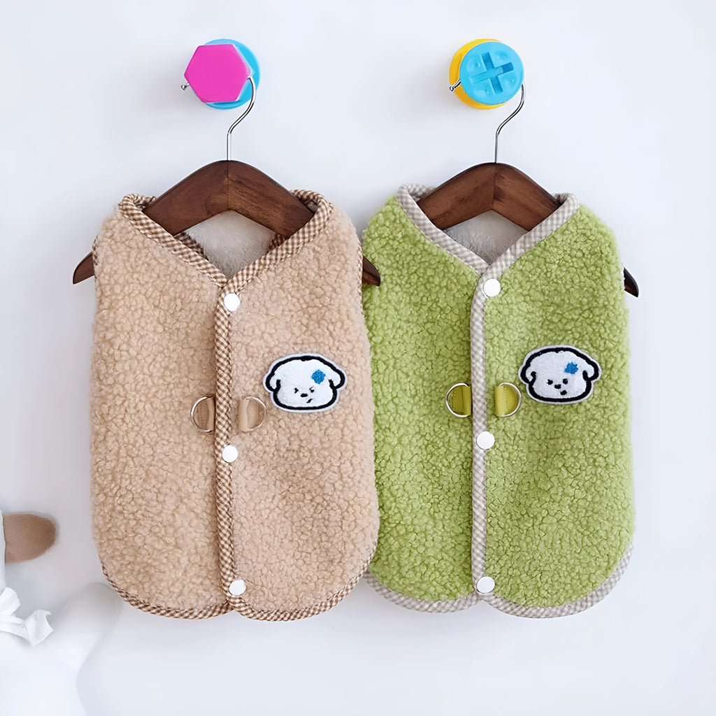 Green coral fleece dog sweatshirt vest with leash ring for winter wear