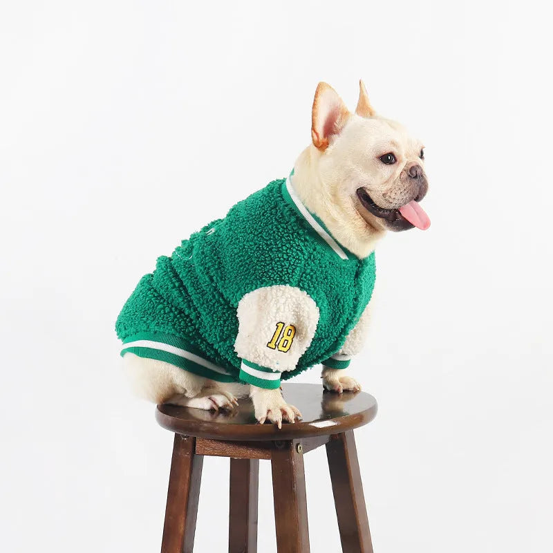 Green fleece-lined cotton winter dog clothing shown in sizes L through 4XL