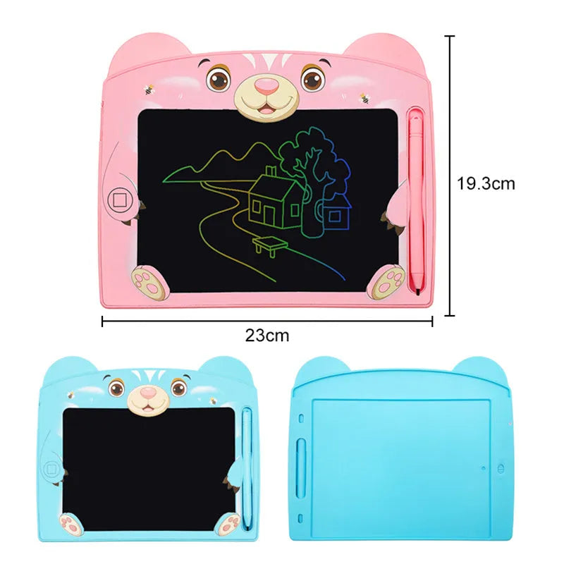 Cartoon children's LCD handwriting drawing board in sky blue, showing a doodle on the 230mm screen with stylus