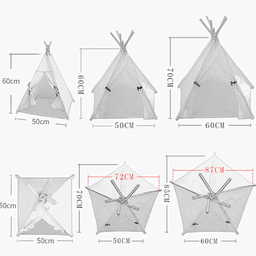 White striped linen teepee tent for small dog or cat with a removable cushion inside.