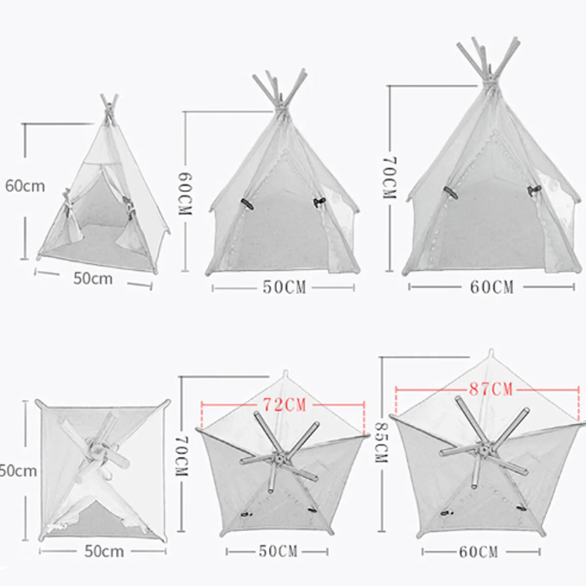 White striped linen teepee tent for small dog or cat with a removable cushion inside.
