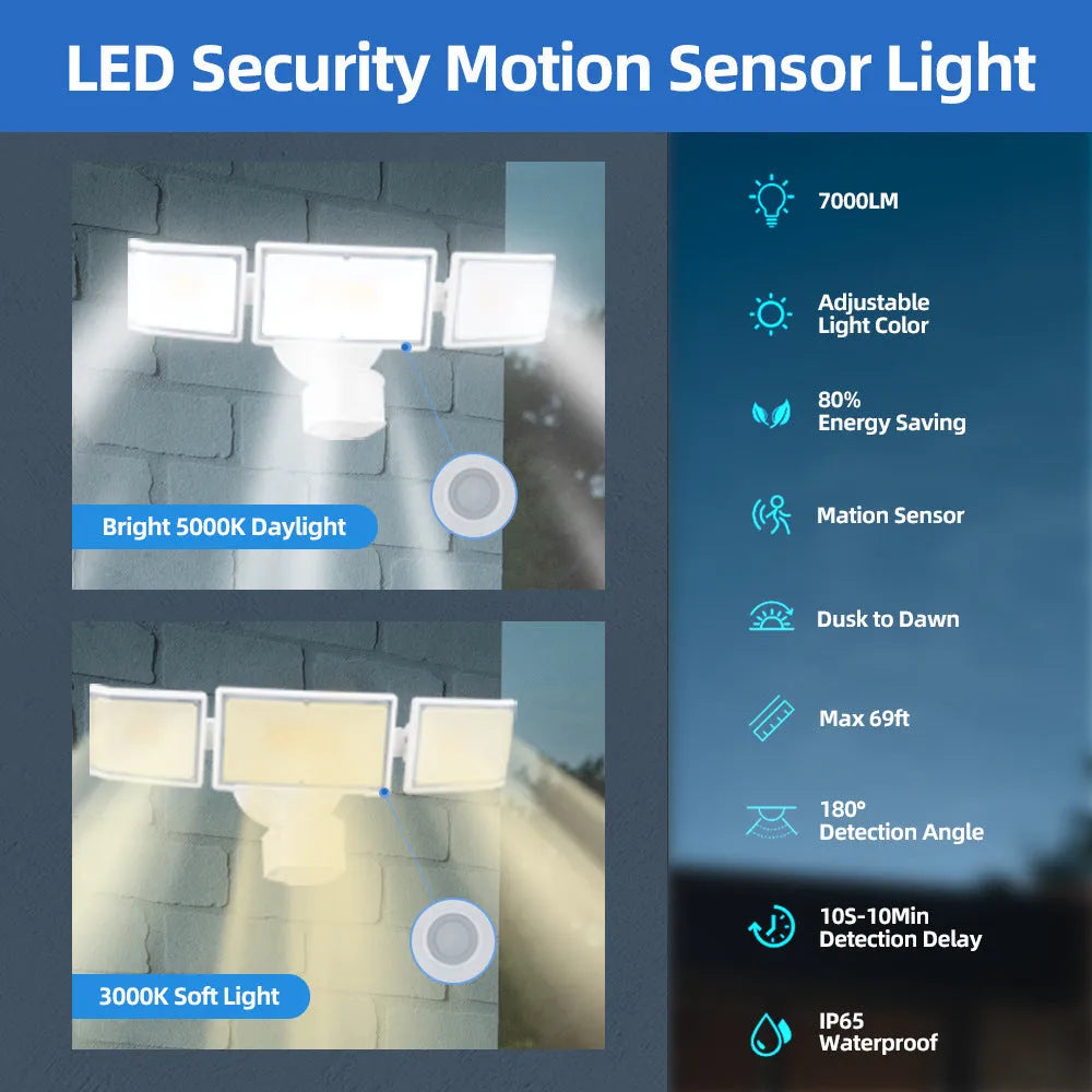 White or black LED security floodlight with motion sensor for outdoor wall or ceiling mounting