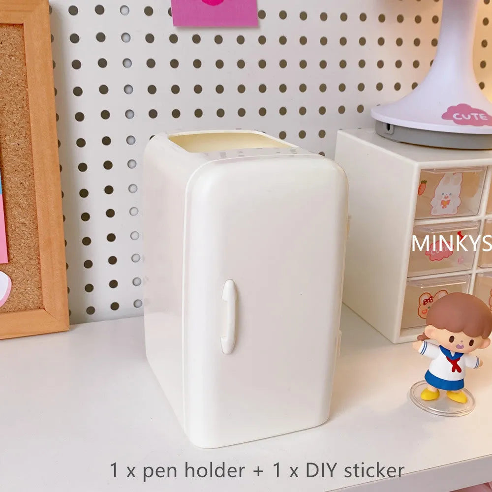Creative refrigerator shaped pen holder in white, light blue, and pink, made of PP plastic, 10.7x9.8x7.5cm large capacity