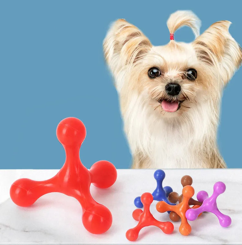 Blue silicone chew toy for dogs with three legs, shown next to a measuring tape displaying 9.5cm length.