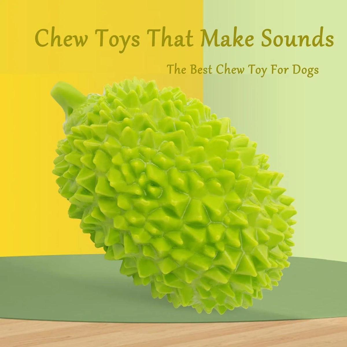 Durian-shaped milk-flavoured dog chew toy in beige with raised bumps for teeth cleaning and a bonus ball
