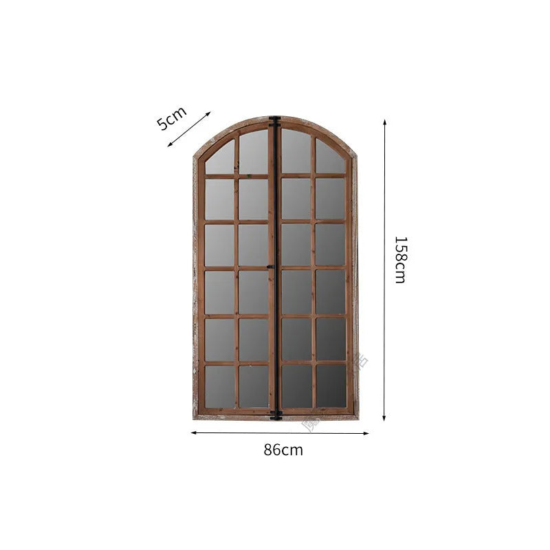 Terrace distressed fake window wall mirror in log colour with wooden glass construction