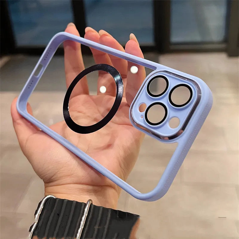 Creative Acrylic HD phone case for iPhone showing magnetic feature and clear hard shell in black colour