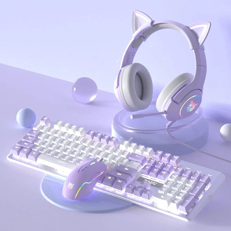 Purple mechanical keyboard and mouse wired set with white accents and mixed backlighting