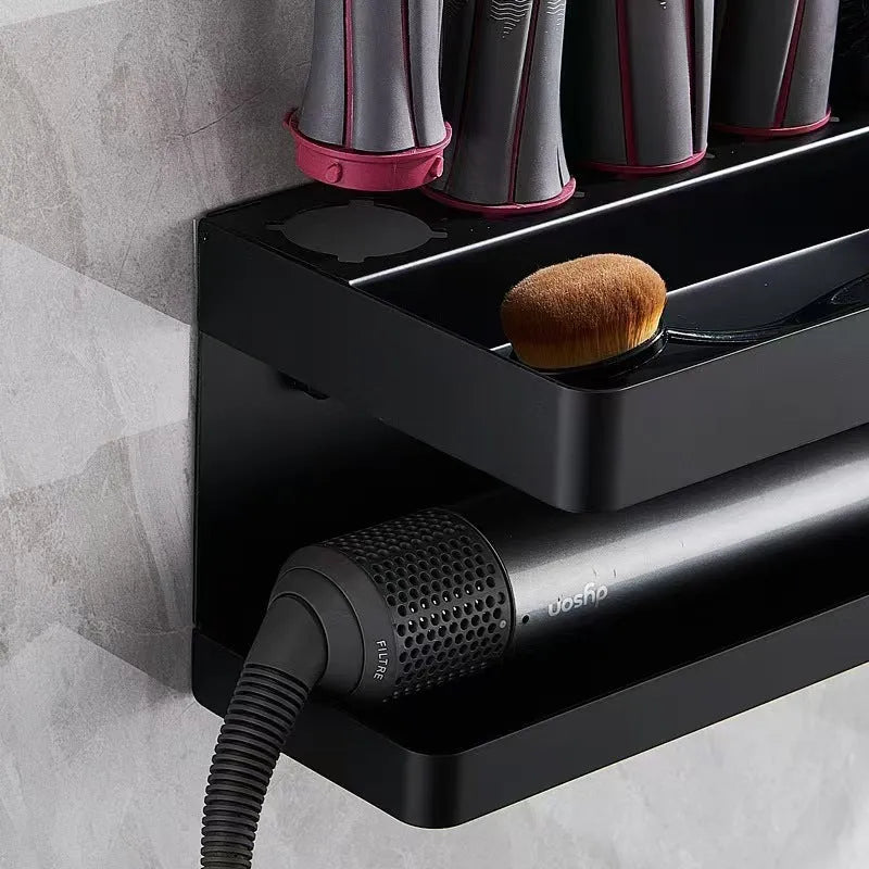 White aluminium punch-free bathroom storage rack with dual layers for hair curlers