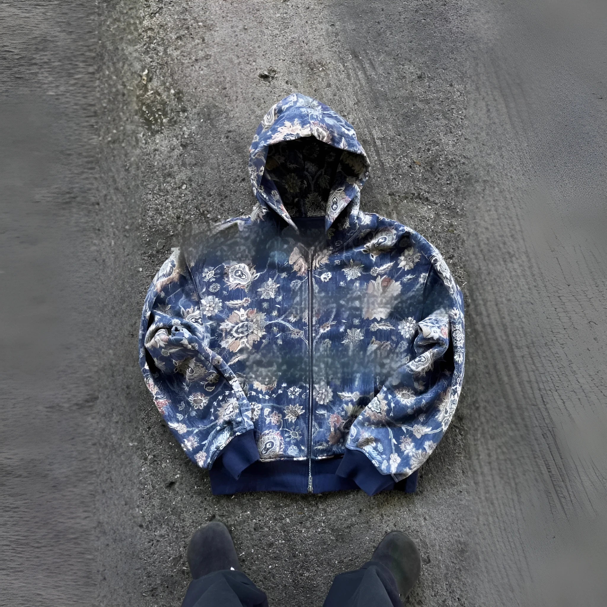 A blue loose-fitting men's hooded zip coat with long sleeves, shown on a hanger.