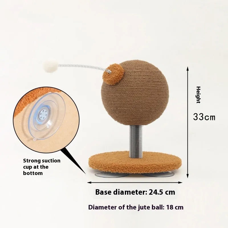Natural hemp rope cat scratch board shown in large and small sizes with optional cat grasping ball and tumbler toys.